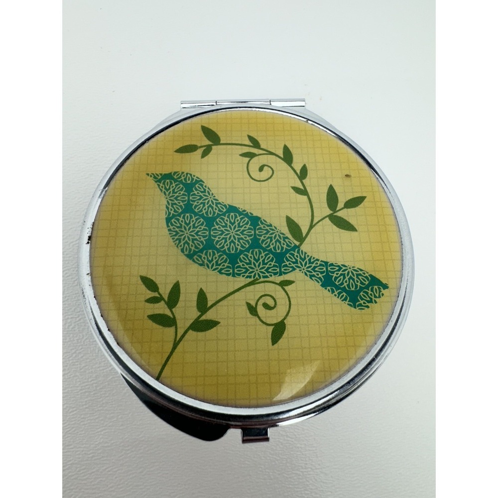 Vintage Teal Bird Round Compact Mirror Double Sided Travel Makeup Accessory Cute